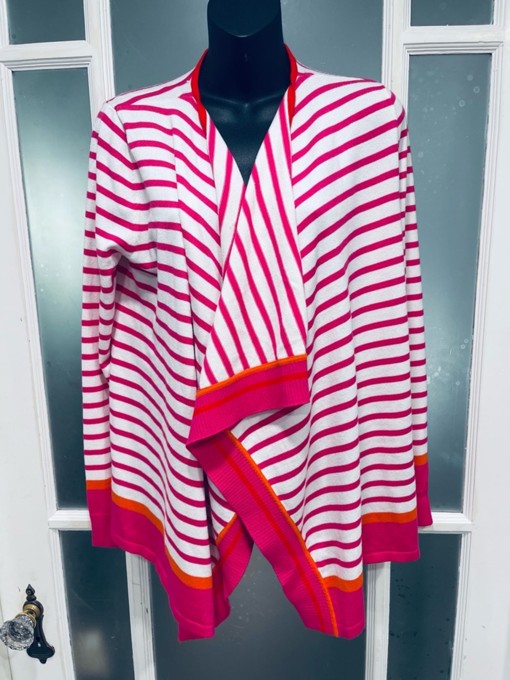 Tommy Hilfiger White and Pink Striped Open Cardigan with Orange Accents